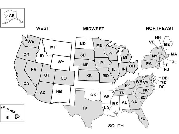 Figure 2: Map of United States of America broken into different regions