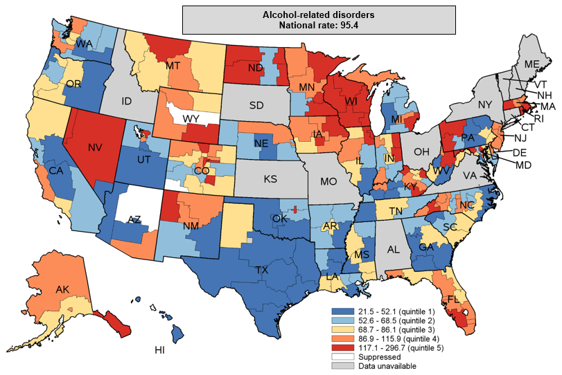 Figure 2. is a color-coded map of the United States that shows substate region-level rates per 100,000 population for inpatient stays with a principal diagnosis of alcohol-related disorders in 2016 to 2018 for 38 States.