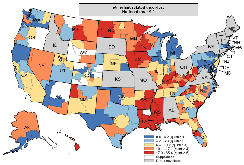 Figure 4. is a color-coded map of the United States that shows substate region-level rates per 100,000 population for inpatient stays with a principal diagnosis of stimulant-related disorders in 2016 to 2018 for 38 States, by rate quintile.
