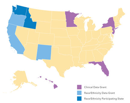 Map showing states in which grantees worked: Hawaii, Florida, New Jersey, New York, Minnesota,California, New Mexico, Idaho, Oregon, and Washington.