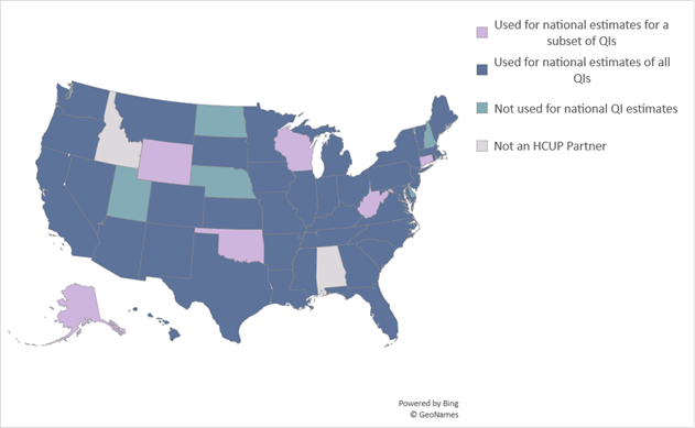 Figure A-1 is a graphic of United States that illustrates which HCUP states were used for all 2016 national QI estimates, which HCUP states were used for a subset of 2016 national QI estimates, which HCUP states were not used for 2016 national QI estimates, and which states are not in HCUP for the 2016 data year.