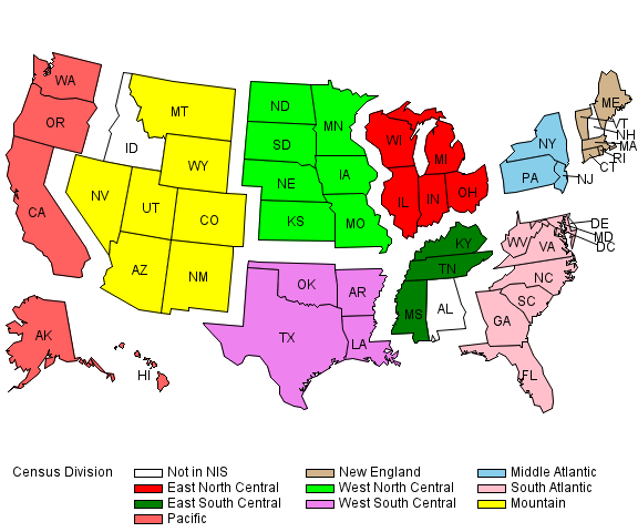 2014 map of U.S. showing census divisions of the HCUP NIS