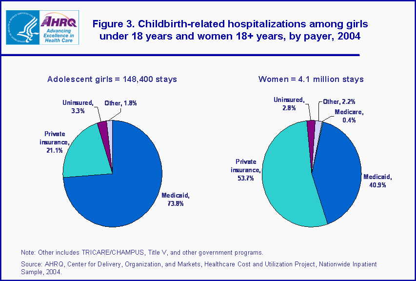 Figure 3. Bar chart showing childbirth-related hospitalizations among girls under 18 years and women 18+ years, by payer, 2004
