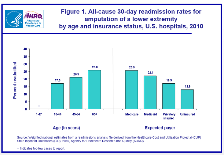 Figure 1 is a bar chart illustrating percent readmitted by age in years and by expected payer for amputation of a lower extremity by age and insurance status, United States hospitals in 2010.