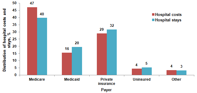 Figure 3 is a bar column chart illustrating the distribution of hospital costs and stays in percent by the type of payer.