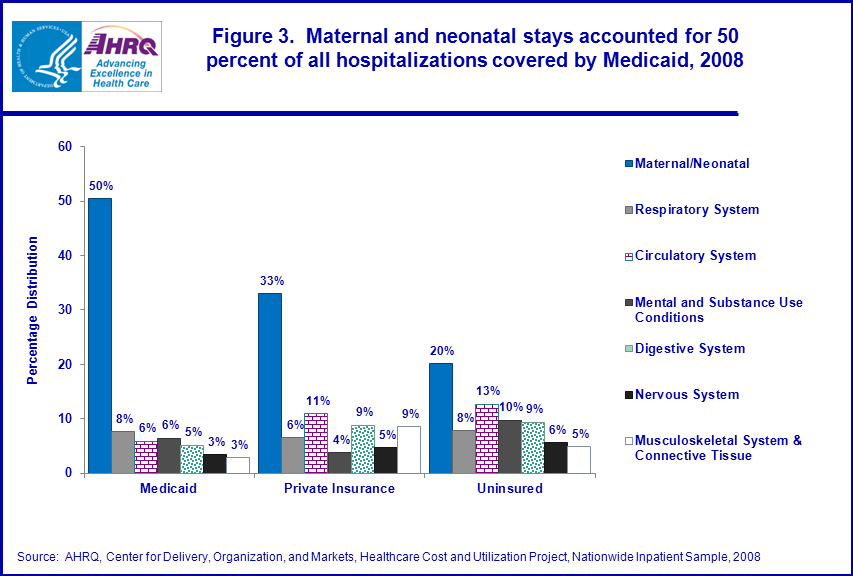 Figure 3 is a bar chart illustrating the maternal and neonatal stays accounted for 50 percent of all hospitalizations covered by Medicaid in 2008.