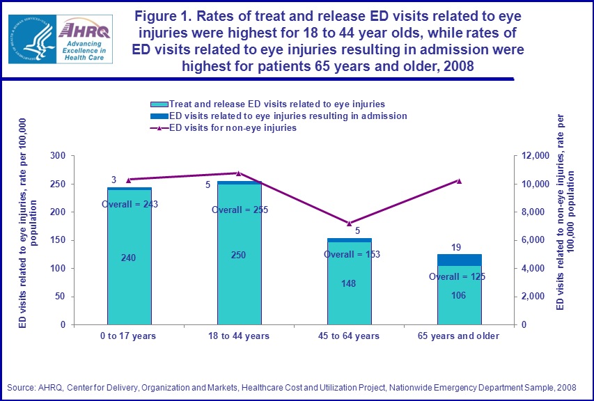 Figure 1 is a stacked column bar chart illustrating the rates of treat and release emergency department visits related to eye injuries were highest for 18 to 44 year olds, while rates of emergency department visits related to eye injuries resulting in admission were highest for patients 65 years and older in 2008.