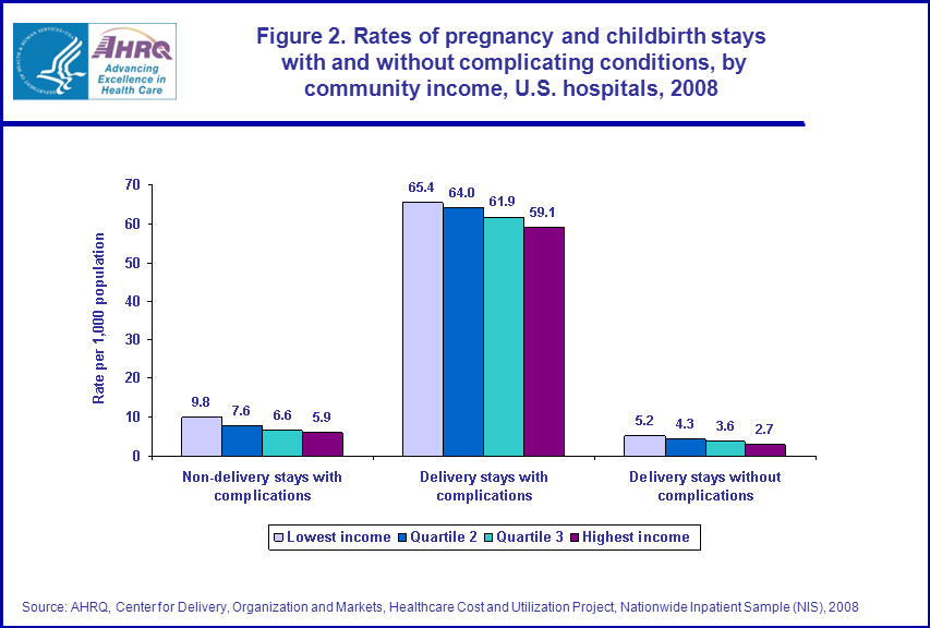 Figure 2 is a bar chart illustrating the rates of pregnancy and childbirth stays with and without complicating conditions, by community income, United States hospitals in 2008.