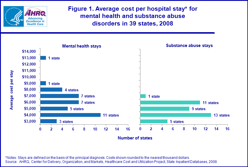 Figure 1 is a bar chart illustrating the average cost per hospital stay for mental health and substance abuse disorders in 39 states in 2008.