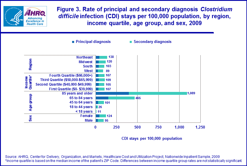 Figure 3 is a stacked bar chart illustrating the rate of principal and secondary diagnosis Clostridium difficile infection stays per 100,000 population, by region, income quartile, age group, and sex in 2009.