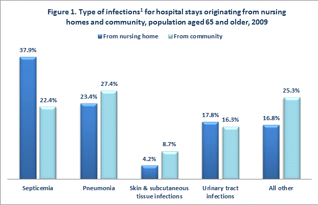 Figure 1 is a column bar chart illustrating types of infections for hospital stays originating from nursing homes and community, population aged 65 and older in 2009.