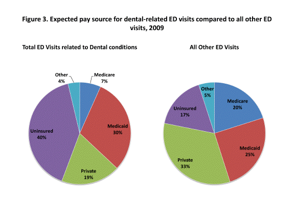 Figure 3 is two pie charts illustrating the expected pay source for dental-related emergency department visits compared to all other emergency department visits in 2009.