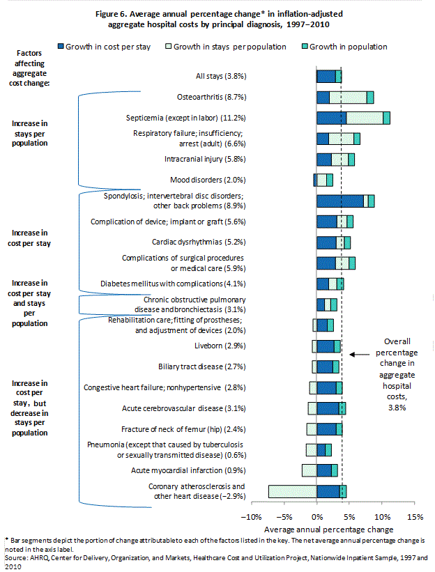 Figure 6 is a stacked bar chart illustrating the average annual percentage change in inflation-adjusted aggregate hospital costs by principal diagnosis from 1997 to 2010.