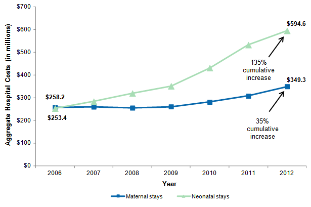 Figure 2 is a line graph illustrating inflation-adjusted aggregate hospital costs for substance-related neonatal and maternal stays between 2006 and 2012.