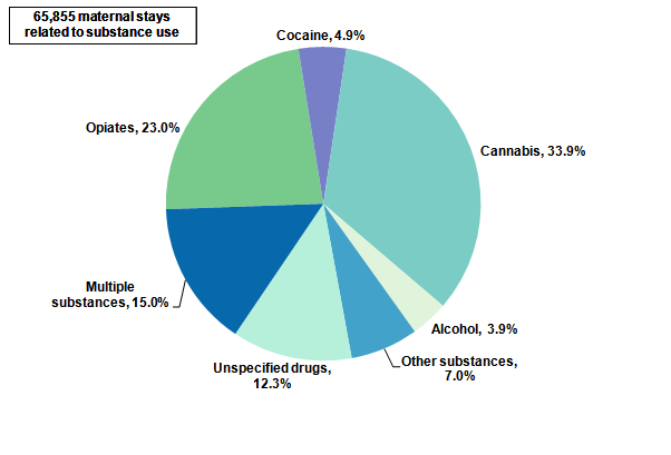 Figure 4 is a pie chart illustrating the percentage of maternal hospital stays by type of substance in 2012.