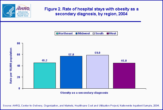 Figure 1. Bar chart showing rate of hospital stays with obesity as a secondary diagnosis, by region, 2004