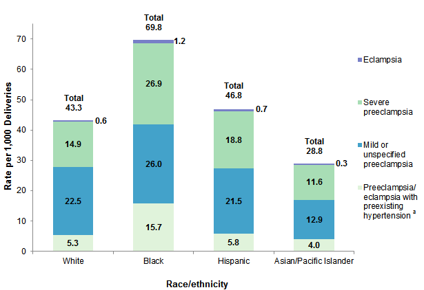 Figure 3 is a stacked bar chart illustrating the rate of preeclampsia per 1,000 deliveries by race/ethnicity and diagnosis type in 2014.