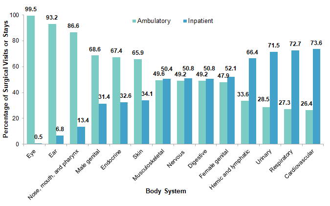 Figure 2 is a bar chart illustrating the percentage of surgical visits or stays in 2014 by body system.