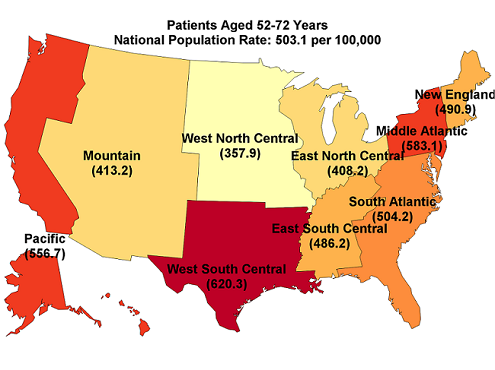 Figure 3 is three United States maps that illustrate the rate of inpatient stays per 100,000 population by age and by census division and the ratio of the census division rate to the national rate in 2014.