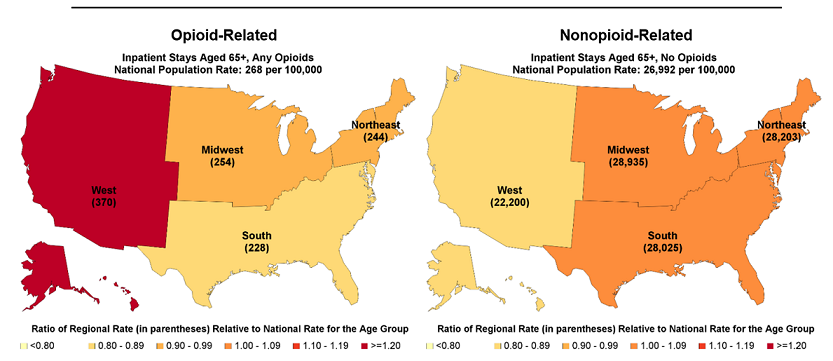 Figure 6 is four colored maps illustrating the rate per 100,000 population of opioid- and non-opioid-related inpatient stays and emergency department visits among patients aged 65+ years by census region and ratio of census region to national rate in 2015.