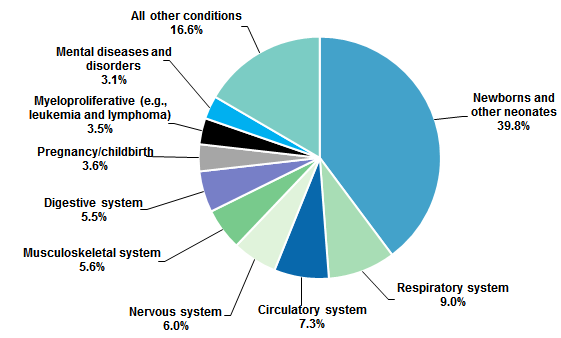 Figure 3 is a pie chart that illustrates the distribution of aggregate hospital costs among pediatric stays by diagnostic category in 2016. Data are provided in a Supplemental Table 3.