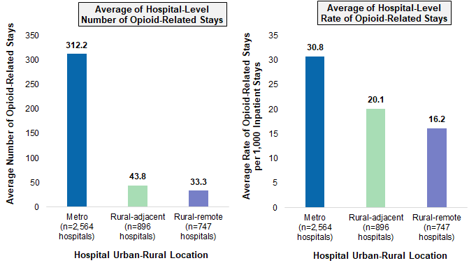 Figure 1 is two bar charts that illustrates the average number and average hospital rate of opioid-related stays by hospital urban-rural location in 2016.