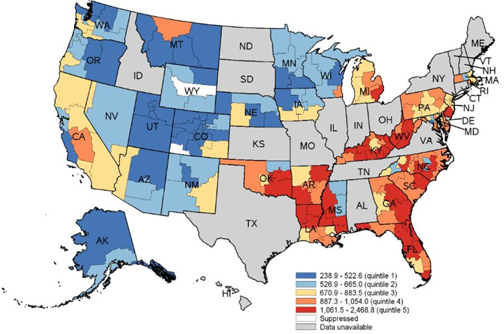 Figure 2 is a color-coded map that shows substate region-level rates per 100,000 population for potentially preventable inpatient stays for chronic conditions overall in 2016 for 32 States.