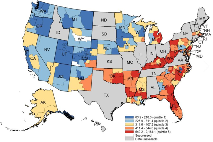 Figure 3 is a color-coded map that shows substate-region level rates per 100,000 population of potentially preventable inpatient stays for chronic obstructive pulmonary disease in 2016 for 32 States.