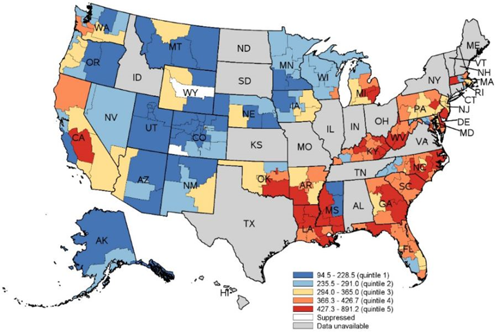 Figure 4 is a color-coded map that shows substate region-level rates per 100,000 population of potentially preventable inpatient stays for congestive heart failure in 2016 for 32 States.