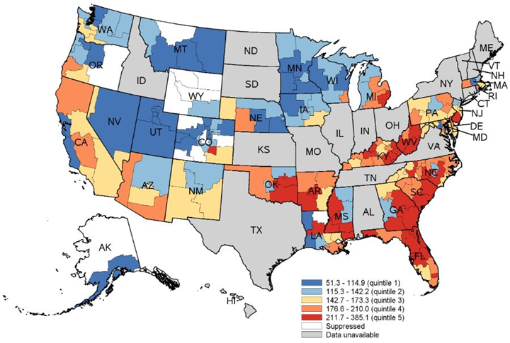 Figure 5 is a color-coded map that shows substate region-level rates per 100,000 population of potentially preventable inpatient stays for diabetes in 2016 for 32 States.