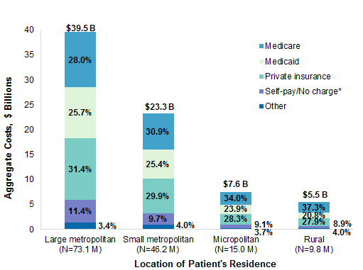 Figure 4 is a bar chart illustrating the distribution of aggregate costs for ED visits by primary expected payer and the location of the patient's residence in 2017.