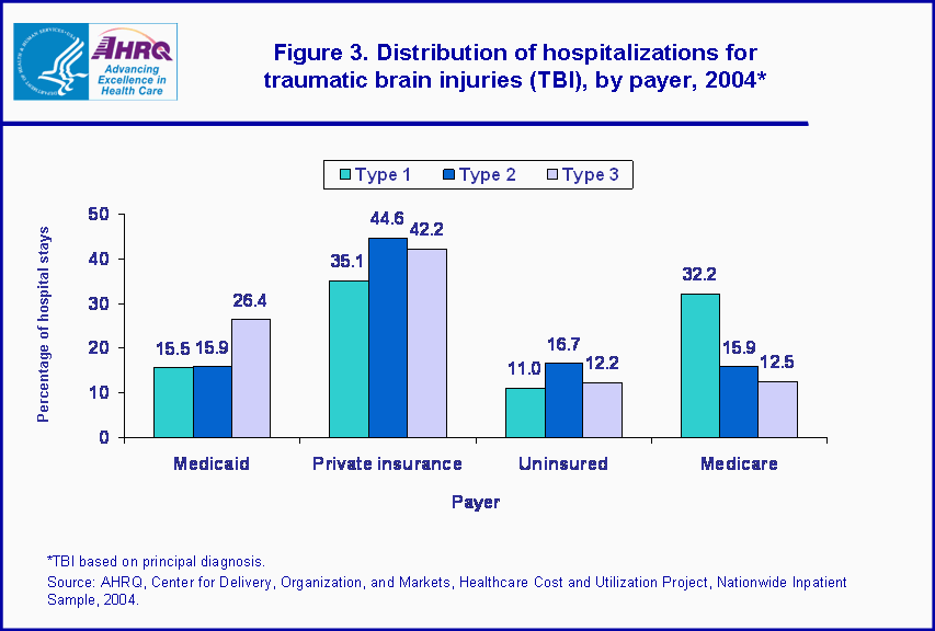 Figure 3. Bar chart showing distribution of hospitalizations for traumatic brain injuries (TBI), by payer, 2004