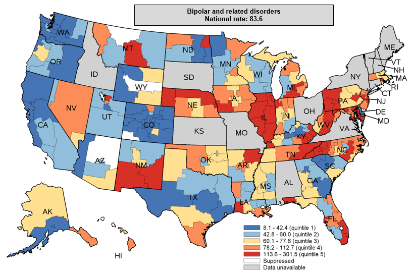 Figure 4 is Color-coded map of the United States that shows substate region-level rates per 100,000 population for inpatient stays with a principal diagnosis of bipolar and related disorders in 2016 to 2018 for 38 States.