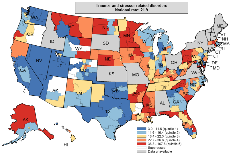 Figure 6 is a color-coded map of the United States that shows substate region-level rates per 100,000 population for inpatient stays with a principal diagnosis of trauma- and stressor-related disorders in 2016 to 2018 for 38 States.
