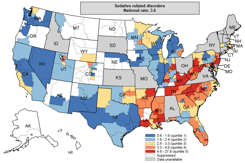 Figure 5. is a color-coded map of the United States that shows substate region-level rates per 100,000 population for inpatient stays with a principal diagnosis of sedative-related disorders in 2016 to 2018 for 38 States, by rate quintile.