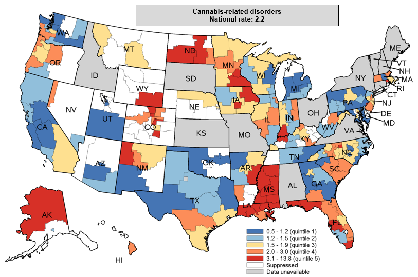Figure 6. is a color-coded map of the United States that shows substate region-level rates per 100,000 population for inpatient stays with a principal diagnosis of cannabis-related disorders in 2016 to 2018 for 38 States, by rate quintile.