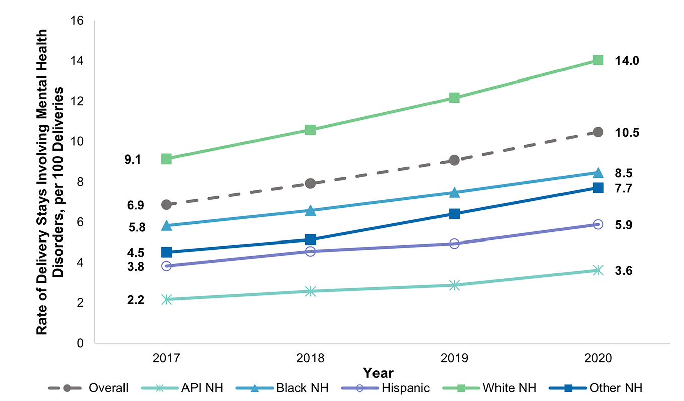 Line graph showing the rate of delivery stays involving at least one mental health disorder diagnosis per 100 delivery stays by patient race and ethnicity from 2017 to 2020. Overall: 2017, 6.9 per 100 delivery stays; 2018, 7.9; 2019, 9.1; 2020, 10.5. Asian/Pacific Islander non-Hispanic (NH): 2017, 2.2 per 100 delivery stays; 2018, 2.6; 2019, 2.9; 2020, 3.6. Black NH: 2017, 5.8 per 100 delivery stays; 2018, 6.6; 2019, 7.5; 2020, 8.5. Hispanic: 2017, 3.8 per 100 delivery stays; 2018, 4.6; 2019, 4.9; 2020, 5.9. White NH: 2017, 9.1 per 100 delivery stays; 2018, 10.6; 2019, 12.2; 2020, 14.0. Other NH: 2017, 4.5 per 100 delivery stays; 2018, 5.1; 2019, 6.4; 2020, 7.7.
